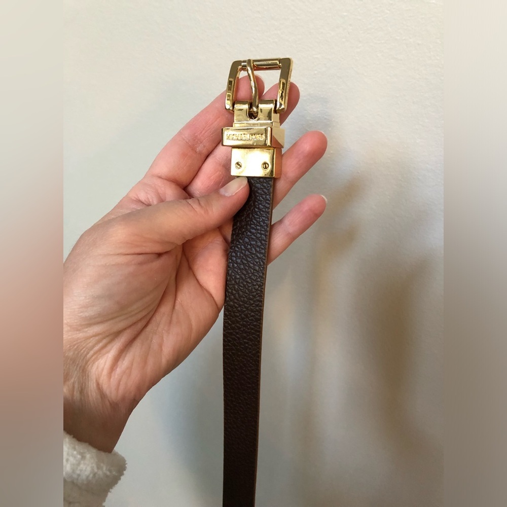 Michael Kors Women’s S Copper Logo/Brown Leather Reversible Gold Buckle 1” Belt - Picture 7 of 11